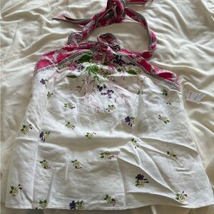 NEW LOFT  Women Size 8 Floral Print  Halter Tie Sleeveless White Pink Cotton Top